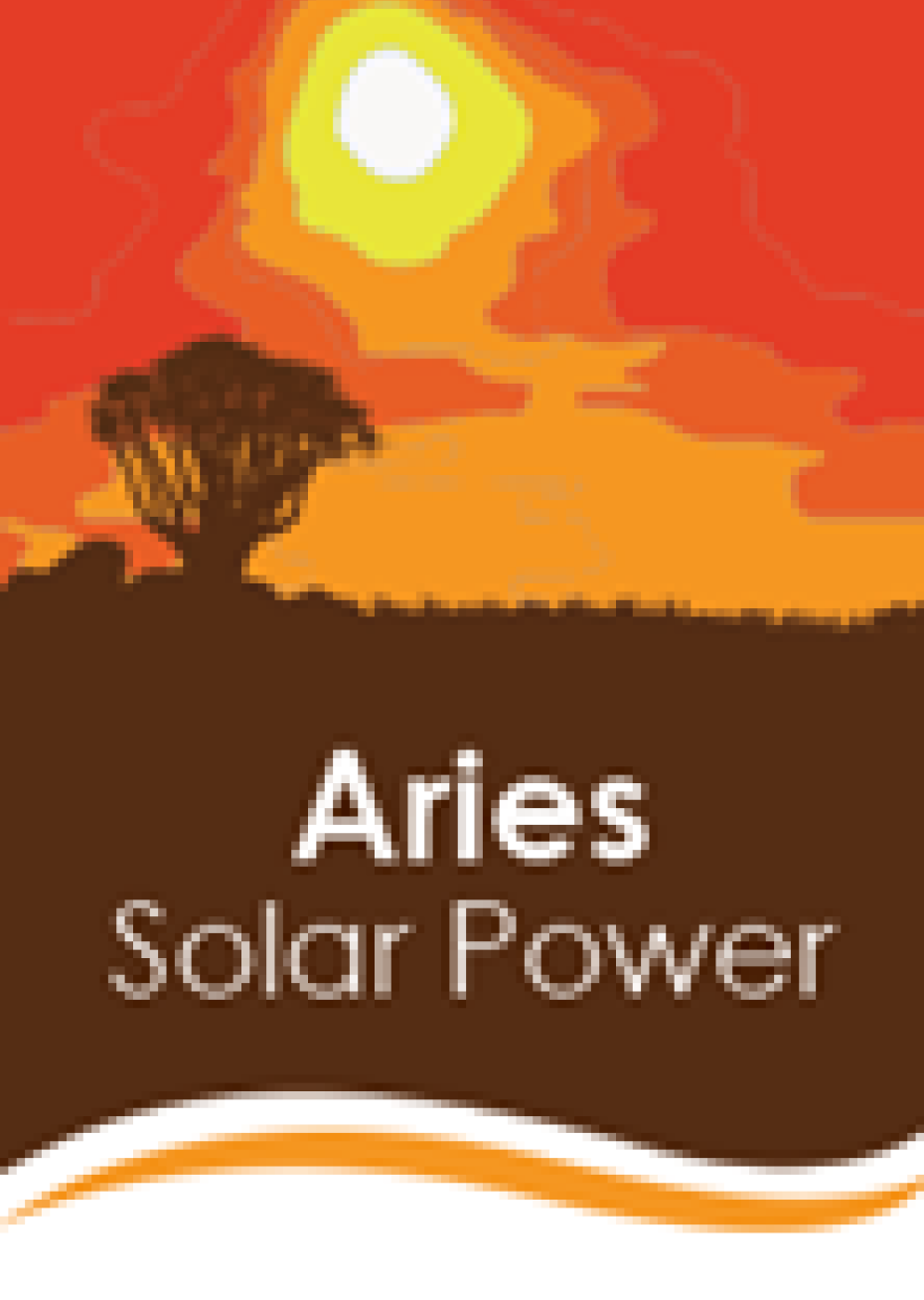 Aries Solar Power logo with a sun and tree silhouette